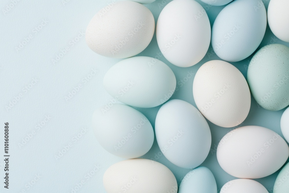 Filled with shades of blue and white, these organic farm eggs are arranged artfully on a soft background, highlighting their natural beauty and freshness ready for culinary use Filled with shades of blue and white, these organic farm eggs are arranged artfully on a soft background, highlighting their natural beauty and freshness ready for culinary use