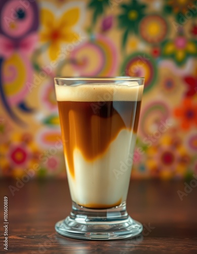 Creamy layered drink in a glass beside colorful floral background showcasing artistry and tradition photo