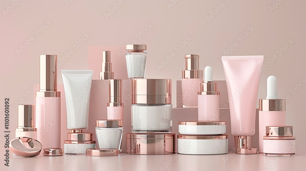 A collection of elegant cosmetic containers in soft pink and white, showcasing beauty and skincare products. A collection of elegant cosmetic containers in soft pink and white, showcasing beauty and skincare products.