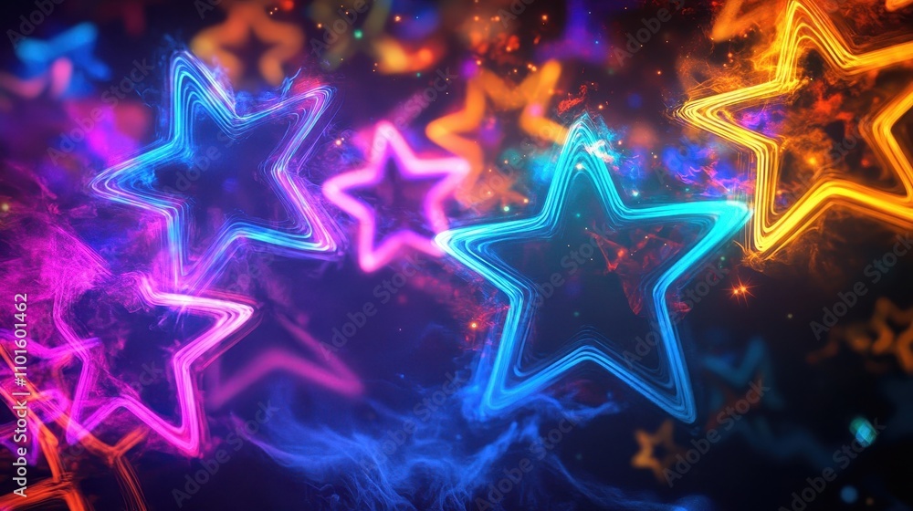 Obraz premium Bright neon stars wallpaper floating in a vibrant cosmic textured background