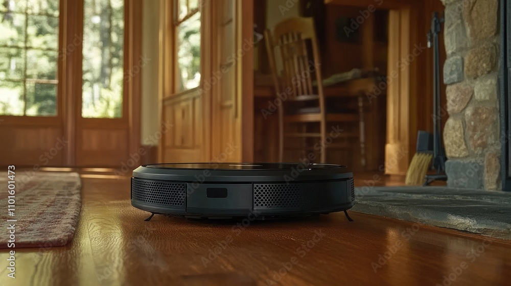 Bright, airy home, robotic vacuum gliding efficiently as a person monitors via smartphone.