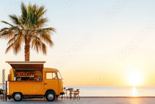 A yellow food truck is parked along a tranquil beach as the sun sets on the horizon. Palm trees sway gently in the breeze, creating a relaxing atmosphere for dining
