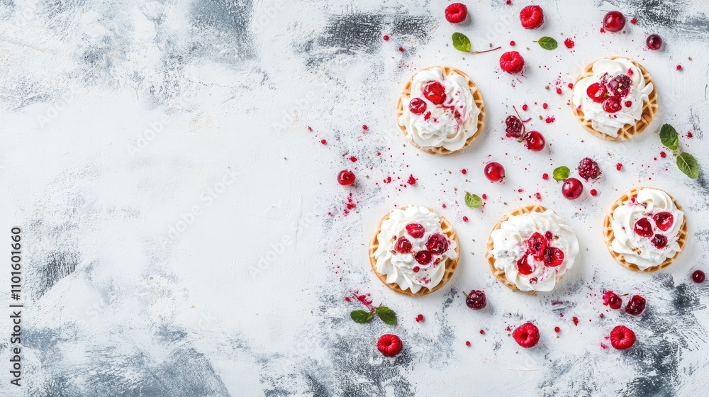 Bright and colorful ice cream with waffle cones and mixed berries in artistic arrangement on a minimal white background. Bright and colorful ice cream with waffle cones and mixed berries in artistic arrangement on a minimal white background.