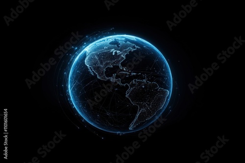 Visual representation of a global network illustrates interconnected nodes on the world map, showcasing digital connections between different regions across the globe