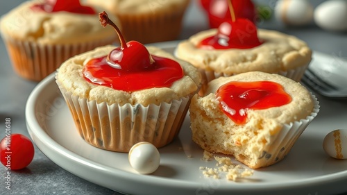 Delicious cherry topped cupcakes displayed on a plate with one cupcake partially eaten and cherry garnishes in the background photo