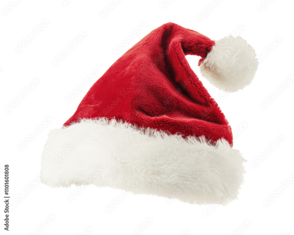 Red Santa hat with white fur trim, perfect for festive celebrations Red Santa hat with white fur trim, perfect for festive celebrations