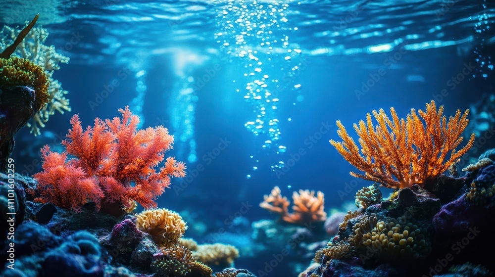 Coral wallpaper glowing brightly in underwater cosmic backdrop with light effects Coral wallpaper glowing brightly in underwater cosmic backdrop with light effects