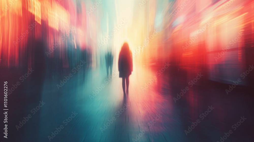 A solitary figure walks through a dimly lit urban street, shrouded in a blur of vibrant neon colors. The scene feels futuristic and dreamlike, evoking themes of solitude and mystery within a bustling A solitary figure walks through a dimly lit urban street, shrouded in a blur of vibrant neon colors. The scene feels futuristic and dreamlike, evoking themes of solitude and mystery within a bustling