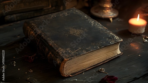 Mysterious Ancient Spellbook with Flickering Candle Illuminating Dark Fantasy Atmosphere