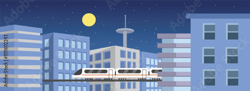 Night train. Train travelling through the city. Train in the metropolitan area. Train through building. Chongqing train transportation. Chongqing rail transit. Subway in the city. City tram.