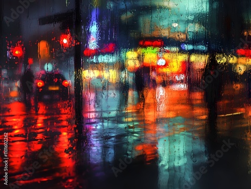 Rainy City Night Scene with Neon Reflections in Moody Atmosphere of Urban Street Photography