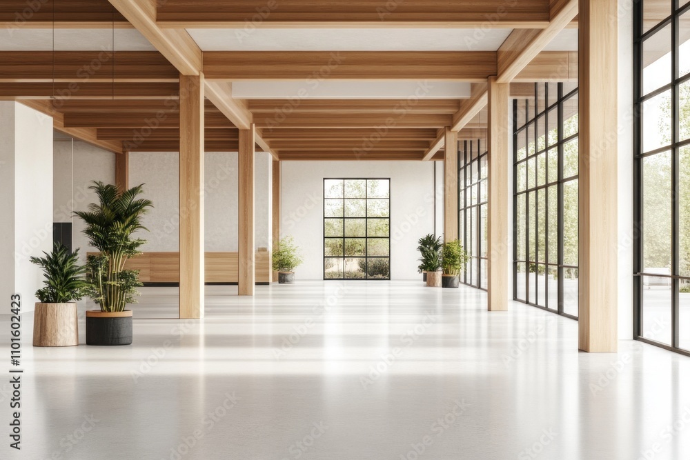 Bright warehouse interior showcasing clean lines, wooden beams, and large windows. Potted plants add a touch of nature to the minimalistic design Bright warehouse interior showcasing clean lines, wooden beams, and large windows. Potted plants add a touch of nature to the minimalistic design