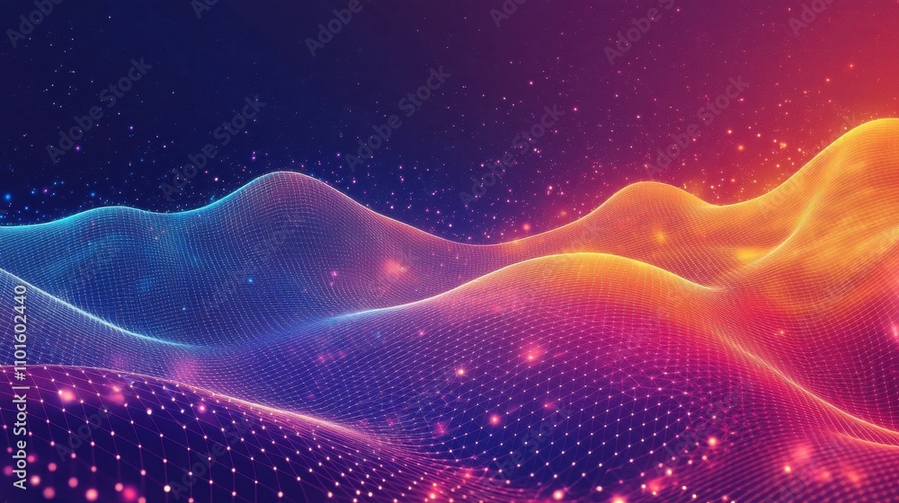 Fototapeta premium Abstract digital waves with vibrant colors and glowing particles.