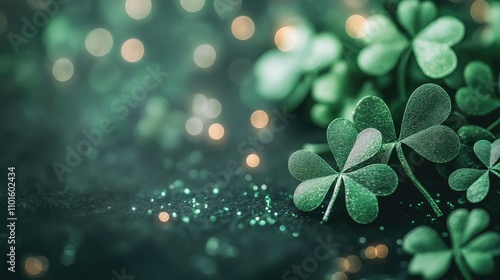 Vibrant green background adorned with sparkling shamrocks and delicate bokeh lights creating a magical atmosphere. photo