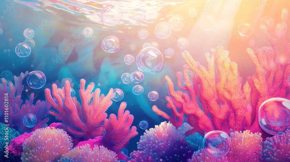 Bold coral wallpaper glowing with bubbles in ocean background Bold coral wallpaper glowing with bubbles in ocean background