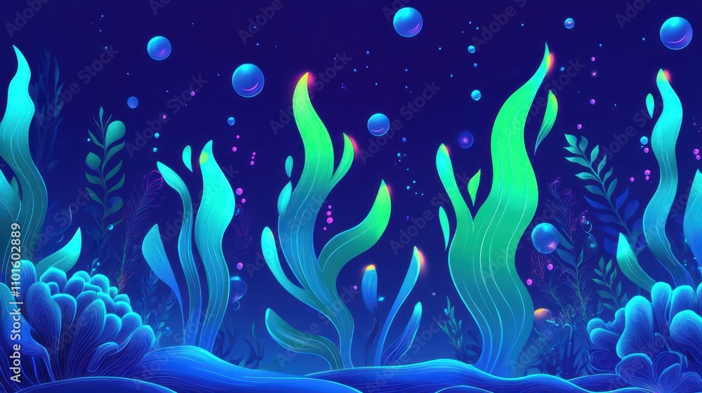 Retro underwater wallpaper with bold seaweed glowing in neon hues Retro underwater wallpaper with bold seaweed glowing in neon hues