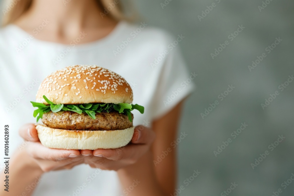 A girl smiles while proudly holding a fresh burger topped with lettuce in a casual environment. The focus on the burger highlights its appealing ingredients and vibrant colors A girl smiles while proudly holding a fresh burger topped with lettuce in a casual environment. The focus on the burger highlights its appealing ingredients and vibrant colors