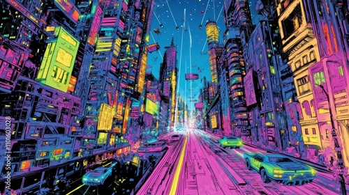 Wallpaper Mural Futuristic city wallpaper glowing with neon buildings and vibrant light trails Torontodigital.ca