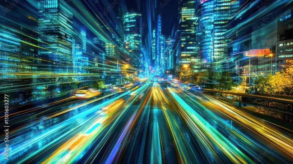Futuristic wallpaper glowing with city towers and dynamic neon flying vehicles Futuristic wallpaper glowing with city towers and dynamic neon flying vehicles