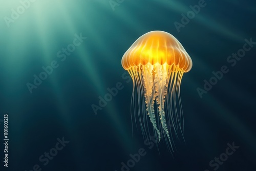 In the deep ocean, a mesmerizing jellyfish floats effortlessly, illuminating its surroundings with a warm glow. Its delicate tentacles sway gently in the current, showcasing nature\'s beauty photo