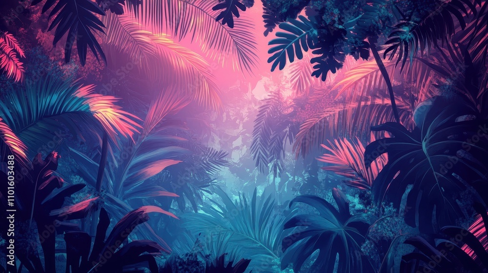 Wallpaper glowing with jungle leaves and bold neon swirling vines Wallpaper glowing with jungle leaves and bold neon swirling vines