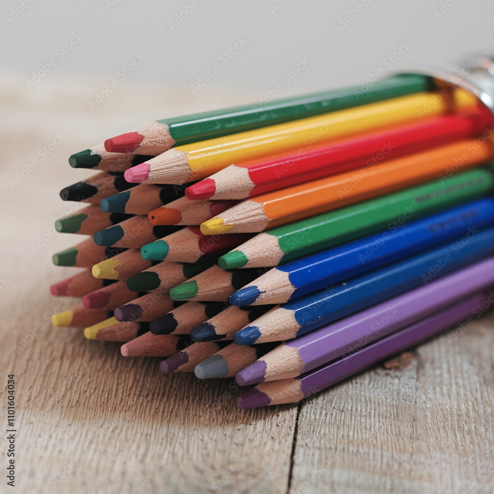 Fototapeta premium Colorful Wooden Pencils Stacked on Wood