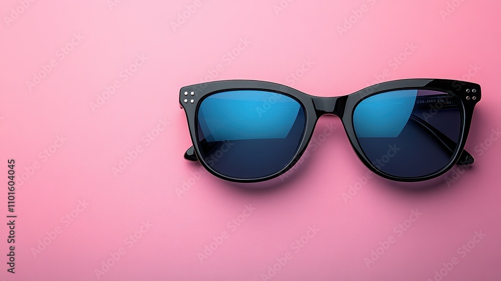 Stylish Black Sunglasses with Blue Lenses on a Soft Pink Background Perfect for Fashion and Summer Accessories in Lifestyle Photography Stylish Black Sunglasses with Blue Lenses on a Soft Pink Background Perfect for Fashion and Summer Accessories in Lifestyle Photography