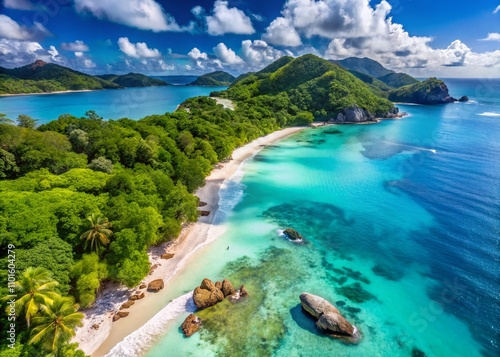 Captivating Aerial View of Anse Volbert Beach in Praslin, Seychelles Showcasing Crystal Clear Waters and Lush Greenery Under a Bright Blue Sky photo