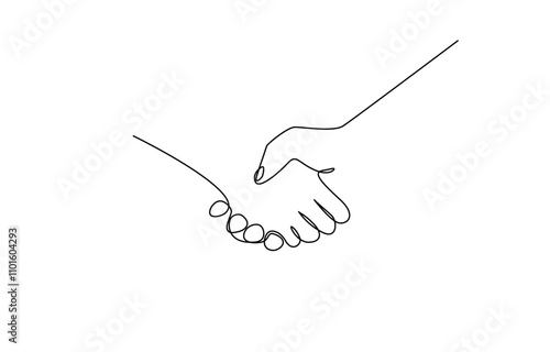 Shaking hands in continuous one line art drawing. Vector illustration of relationship and business agreement, Continuous one line drawing of handshake. Handshake concept. Vector illustration.