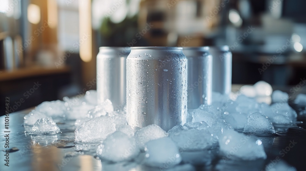 Chilled beverage cans surrounded by ice cubes on a polished stainless steel surface, creating a refreshing and inviting atmosphere. Chilled beverage cans surrounded by ice cubes on a polished stainless steel surface, creating a refreshing and inviting atmosphere.