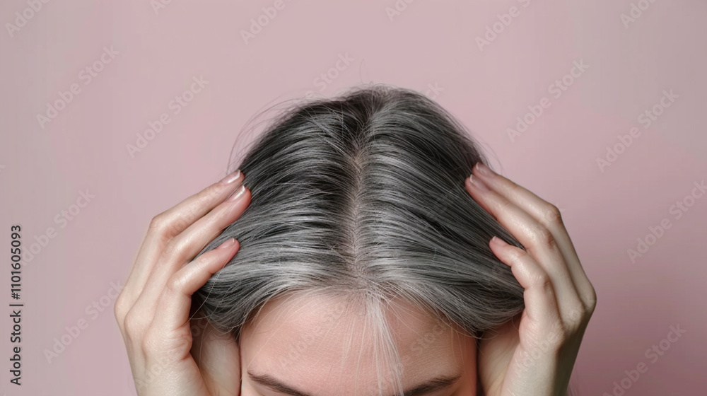 Naklejka premium Woman's head with strands of gray hair starting to appear. Stress about aging process and transition to gray hair. Acceptance of gray hair as a part of life's journey. Hair coloring in salon