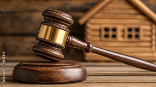 Close-up of a wooden gavel resting on a sound block beside a small wooden house, representing real estate auctions and legal aspects of property transactions.