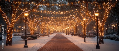 Magical winter wonderland christmas lights illuminating a serene park pathway at dusk capturing the essence of holiday cheer and community spirit photo