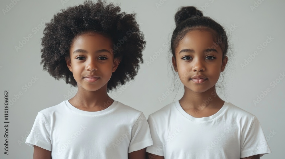 Two young girls with natural hairstyles wearing white t-shirts, standing side by side against a soft grey backdrop. Two young girls with natural hairstyles wearing white t-shirts, standing side by side against a soft grey backdrop.