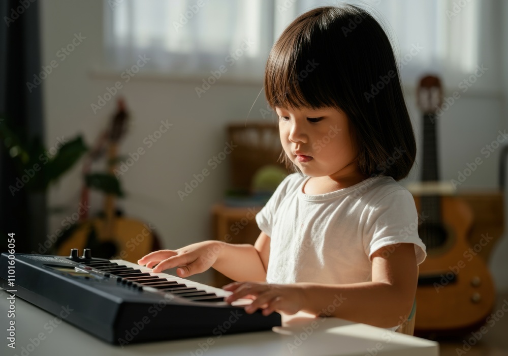 Cute asian child practicing playing electronic keyboard, enjoying music lessons at home Cute asian child practicing playing electronic keyboard, enjoying music lessons at home