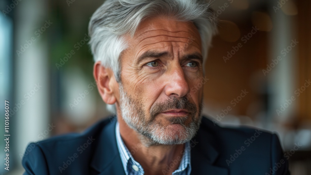 A mature man with gray hair sits quietly at a table, gazing thoughtfully out of a modern restaurant window, contemplating his thoughts while enjoying a tranquil moment during the day, surrounded by a A mature man with gray hair sits quietly at a table, gazing thoughtfully out of a modern restaurant window, contemplating his thoughts while enjoying a tranquil moment during the day, surrounded by a