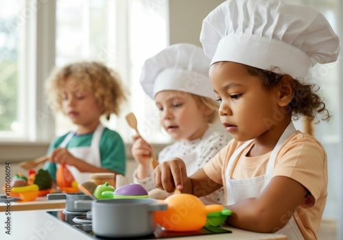 Group of diverse children wearing chef hats and aprons playing with toy kitchen set, promoting creativity, imagination, and early childhood development