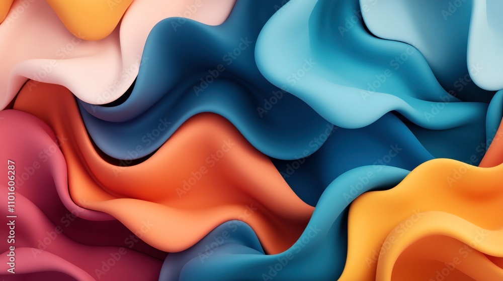 Fototapeta premium Abstract colorful flowing shapes in vibrant hues of blue, orange, yellow, and red creating a dynamic wave-like pattern.