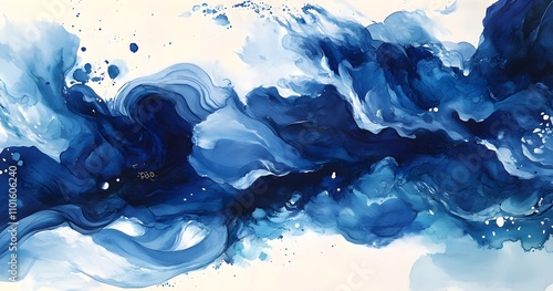 Abstract Blue Ink Wash Painting with White Highlights photo