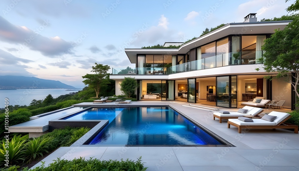 Fototapeta premium Contemporary Villa with Outdoor Pool and Warm Sunset Glow