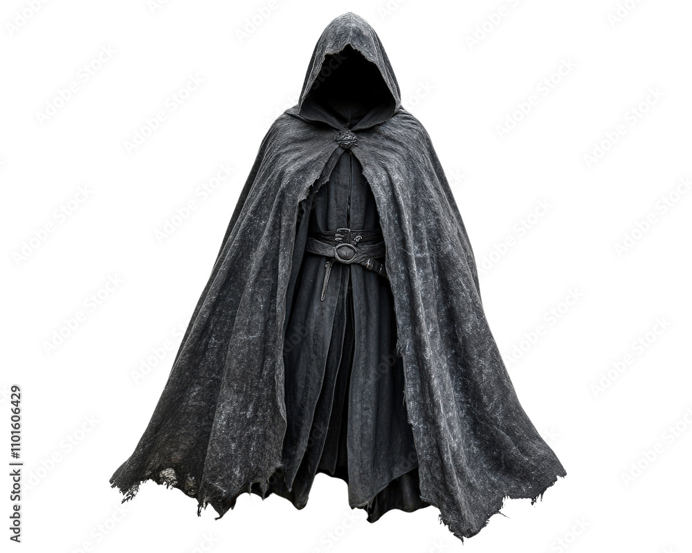 mysterious figure in dark, tattered cloak stands silently, evoking sense of intrigue and suspense. hood obscures face, adding to enigmatic atmosphere mysterious figure in dark, tattered cloak stands silently, evoking sense of intrigue and suspense. hood obscures face, adding to enigmatic atmosphere