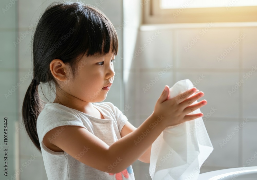 Young girl carefully wiping her hands with a tissue, emphasizing the importance of hygiene practices Young girl carefully wiping her hands with a tissue, emphasizing the importance of hygiene practices