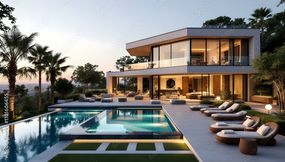 Fototapeta premium Modern Villa with Infinity Pool at Dusk: A contemporary architectural masterpiece, a stunning villa boasts an expansive infinity pool overlooking a panoramic vista.