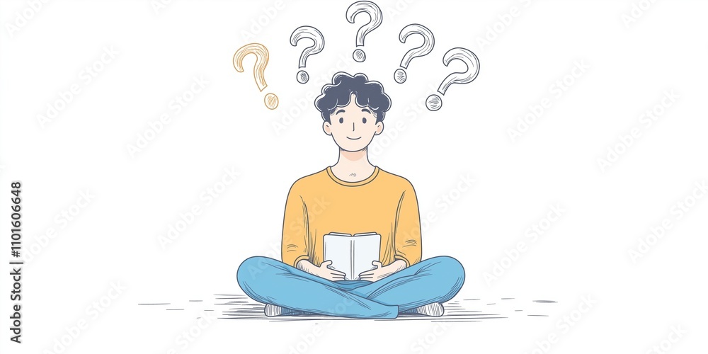 Simple Design of a Man Sitting with Notebook, Surrounded by Floating Question Marks
Simple Design of a Man Sitting with Notebook, Surrounded by Floating Question Marks
