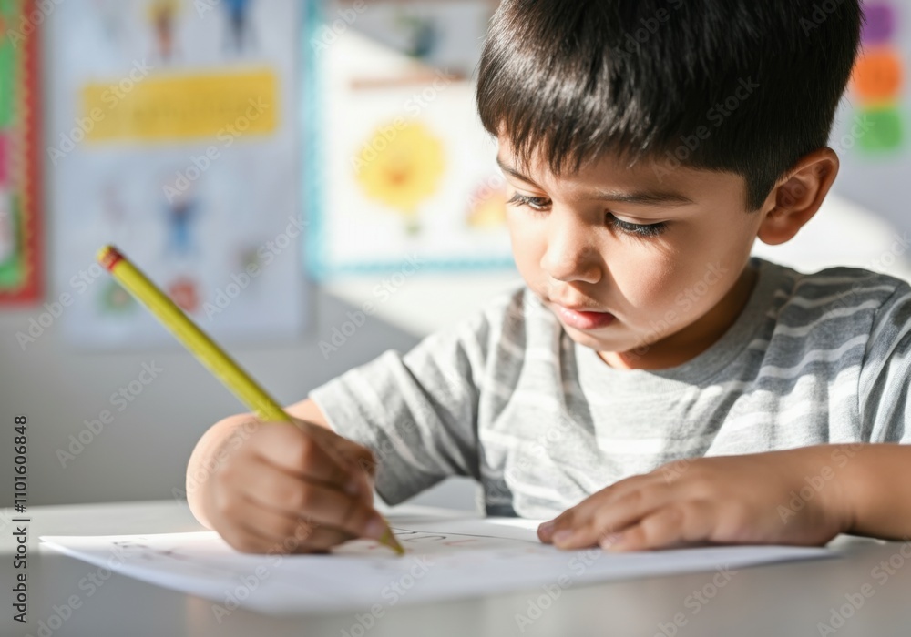 Young boy focusing on drawing with colored pencil on sheet of paper at desk in preschool classroom Young boy focusing on drawing with colored pencil on sheet of paper at desk in preschool classroom