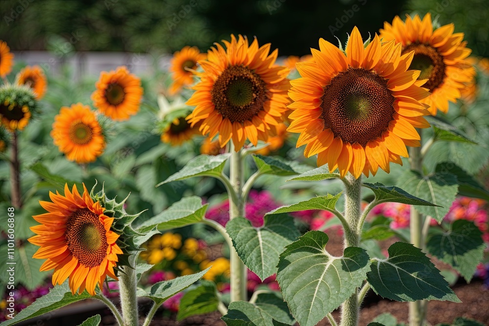 Bright Orange Sunflower in Lush Rustic Spring Garden Ecosystem Bright Orange Sunflower in Lush Rustic Spring Garden Ecosystem
