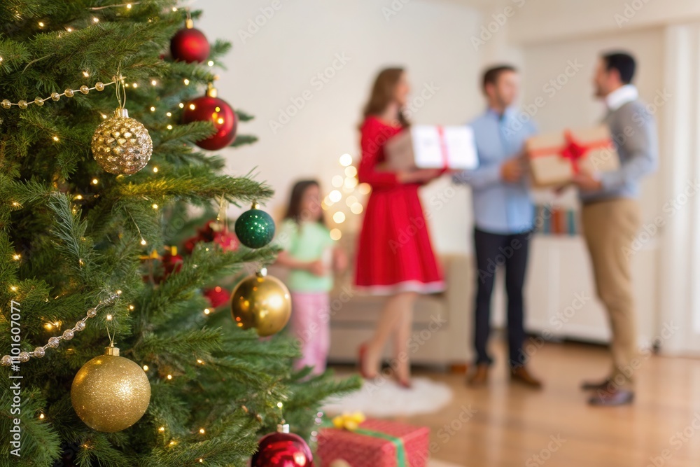 A joyful family gathers to exchange gifts during the Christmas celebration. The children watch excitedly as parents share wrapped presents, surrounded by festive decorations and a beautifully adorned A joyful family gathers to exchange gifts during the Christmas celebration. The children watch excitedly as parents share wrapped presents, surrounded by festive decorations and a beautifully adorned
