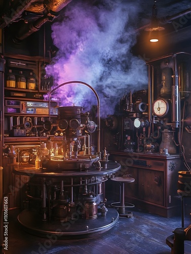 Captivating Fantasy Laboratory Setting with Dramatic Steampunk Atmosphere and Vintage Scientific Equipment
