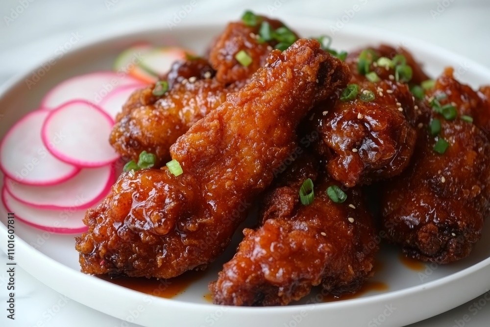 Glazed chicken wings, radish slices, garnish. Glazed chicken wings, radish slices, garnish.