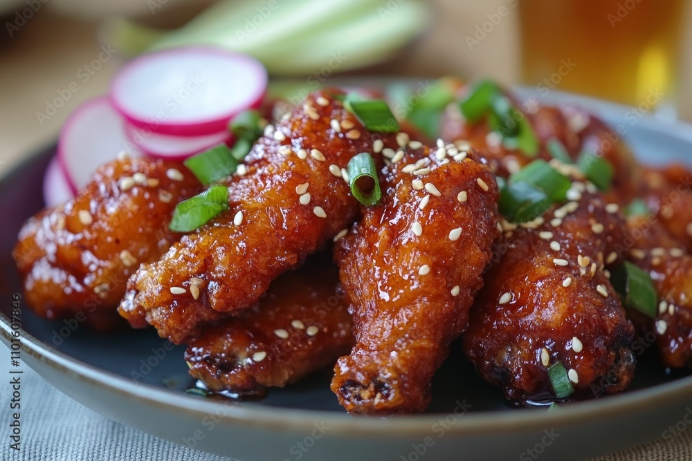 Glazed chicken wings, sesame seeds, green onions. Glazed chicken wings, sesame seeds, green onions.
